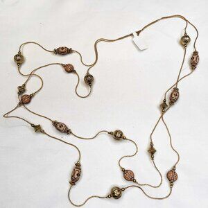 Vintage Double Strand Wooden Bead Necklace Gold Tone Metal 84 cm Elegant